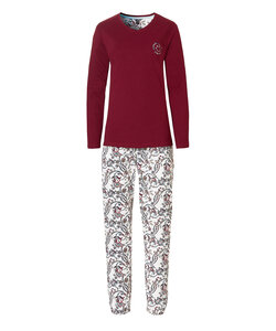 By Louise Ladies Pyjama Set Long Cotton Bordeaux With Floral Print