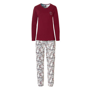 By Louise Ladies Pyjama Set Long Cotton Bordeaux With Floral Print