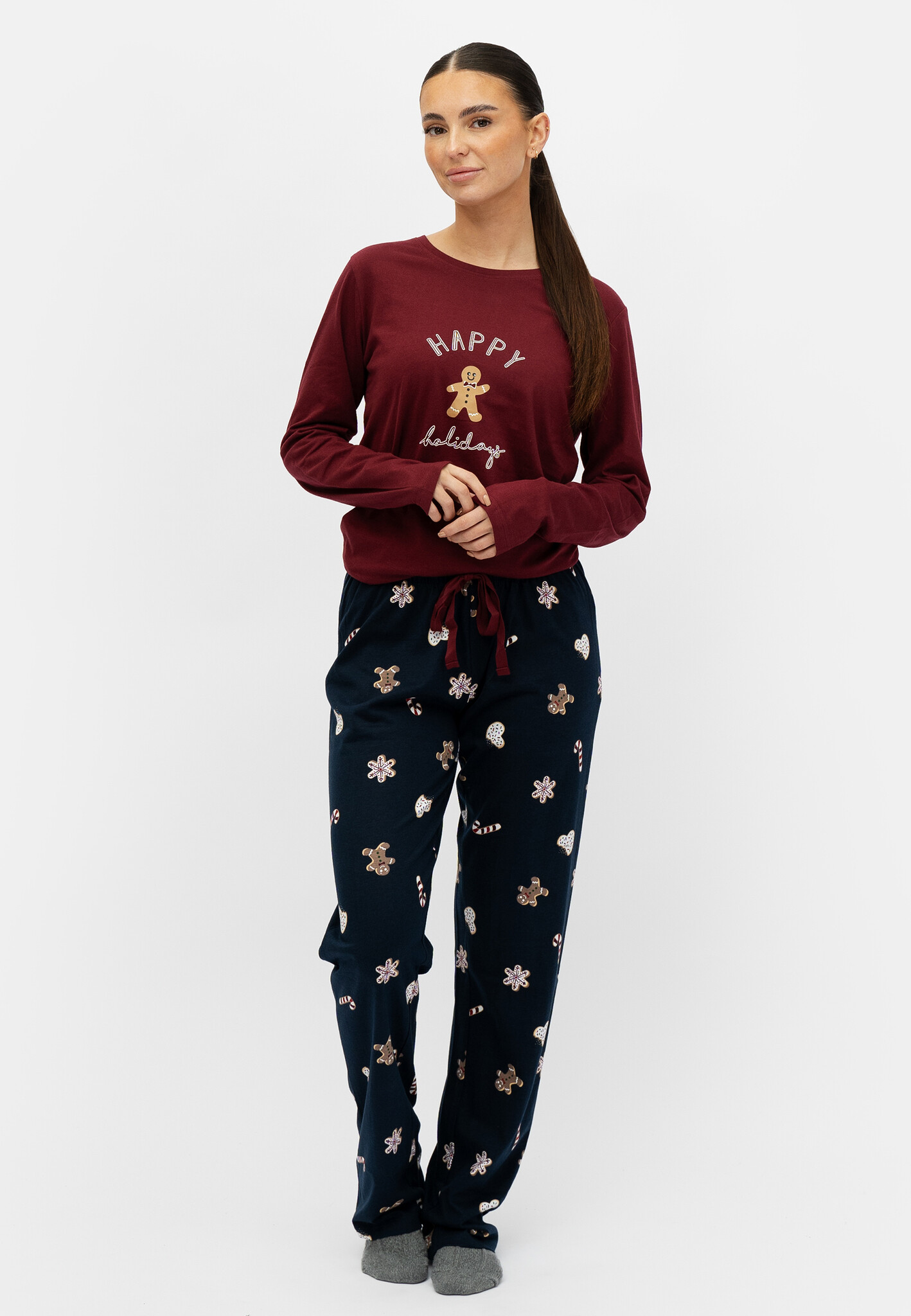 Happy Shorts Happy Shorts Dames Kerst Pyjama Set Shirt Bordeaux Rood Donkerblauwe Broek Met Print