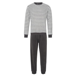 Phil & Co Lange Heren Winter Pyjama Set Badstof Gestreept Grijs/Zwart