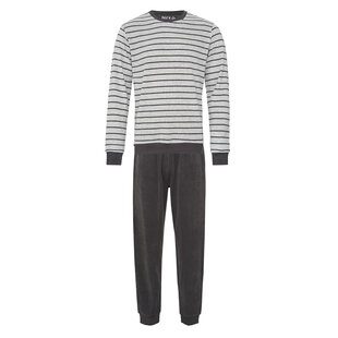 Phil & Co Long Men's Winter Pajama Set Terry Striped Gray/Black