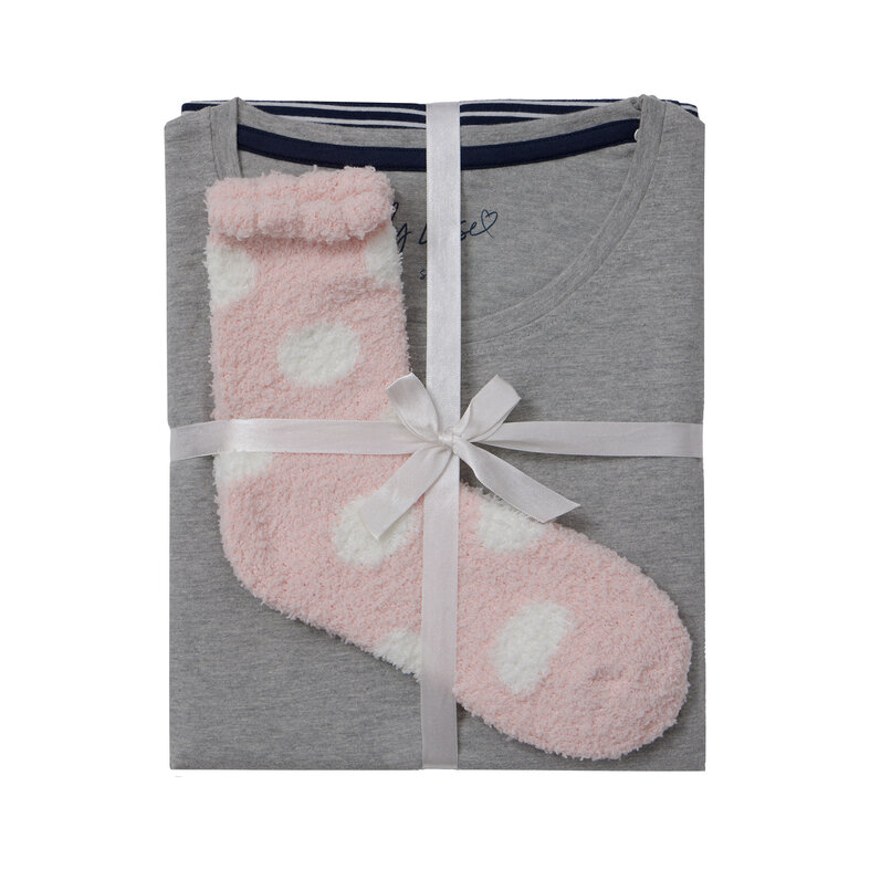 By Louise By Louise Ladies Pyjama Set Long Cotton Gray/Dark Blue Striped