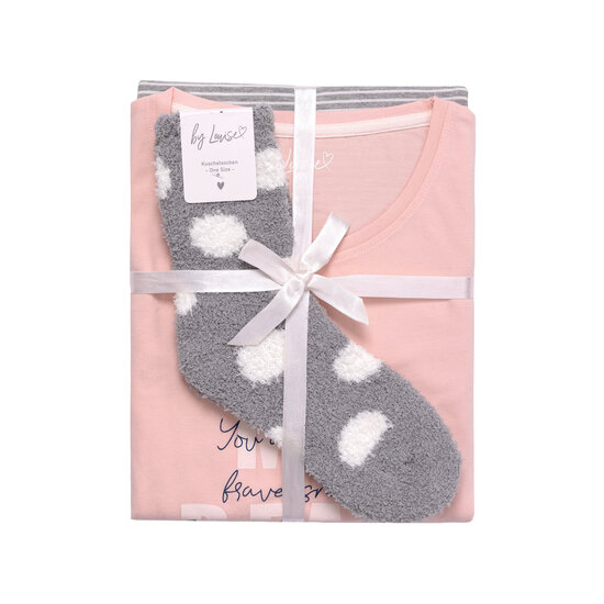 By Louise By Louise Dames Pyjama Set Lang Katoen Roze / Grijs Gestreept