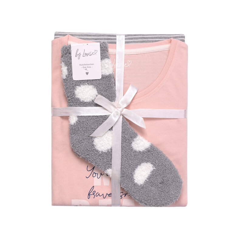 By Louise By Louise Ladies Pyjama Set Long Cotton Pink / Gray Striped