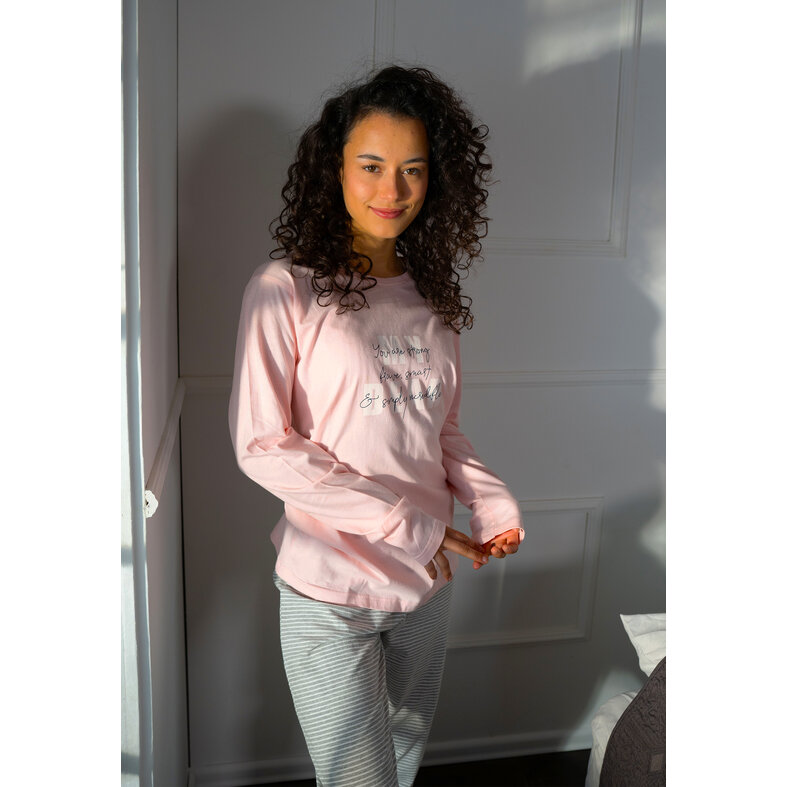 By Louise By Louise Ladies Pyjama Set Long Cotton Pink / Gray Striped