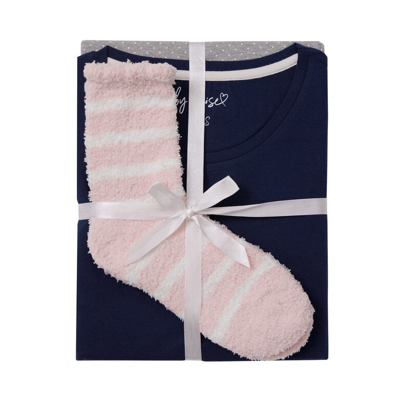 By Louise By Louise Dames Pyjama Set Lang Katoen Donkerblauw / Grijs Gestipt
