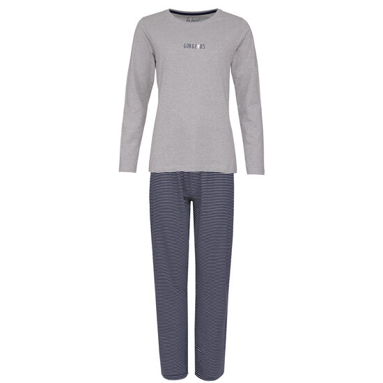 By Louise By Louise Ladies Pyjama Set Long Cotton Gray/Dark Blue Striped