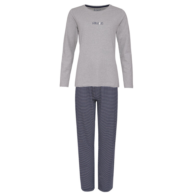 By Louise By Louise Dames Pyjama Set Lang Katoen Grijs / Donkerblauw Gestreept
