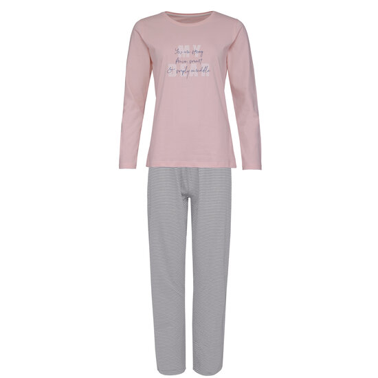 By Louise By Louise Ladies Pyjama Set Long Cotton Pink / Gray Striped
