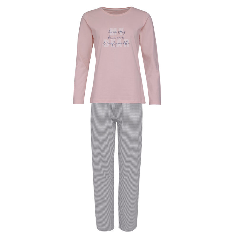 By Louise By Louise Dames Pyjama Set Lang Katoen Roze / Grijs Gestreept
