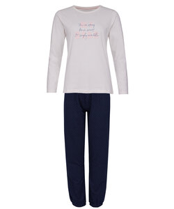 By Louise Dames Pyjama Set Lang Katoen Off White / Donkerblauw Gestipt