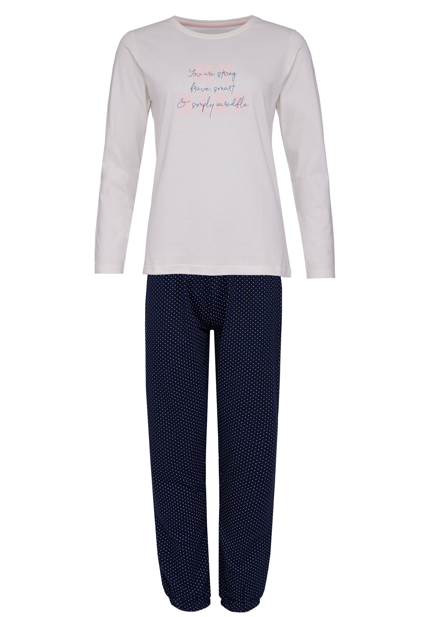 By Louise By Louise Dames Pyjama Set Lang Katoen Off White Donkerblauw Gestipt