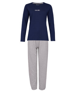 By Louise Dames Pyjama Set Lang Katoen Donkerblauw / Grijs Gestipt