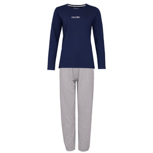 By Louise Dames Pyjama Set Lang Katoen Donkerblauw / Grijs Gestipt