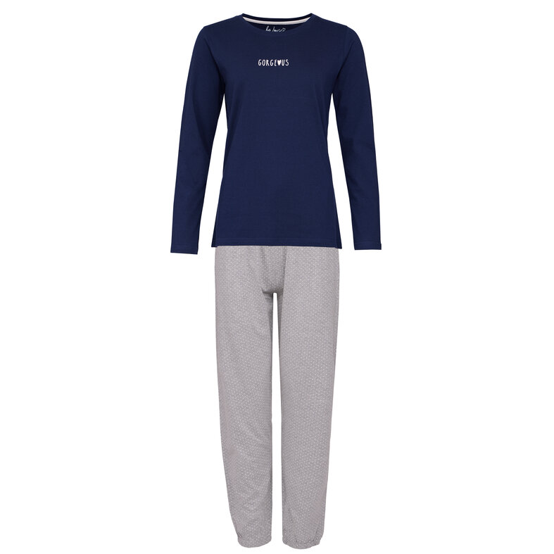 By Louise By Louise Dames Pyjama Set Lang Katoen Donkerblauw / Grijs Gestipt