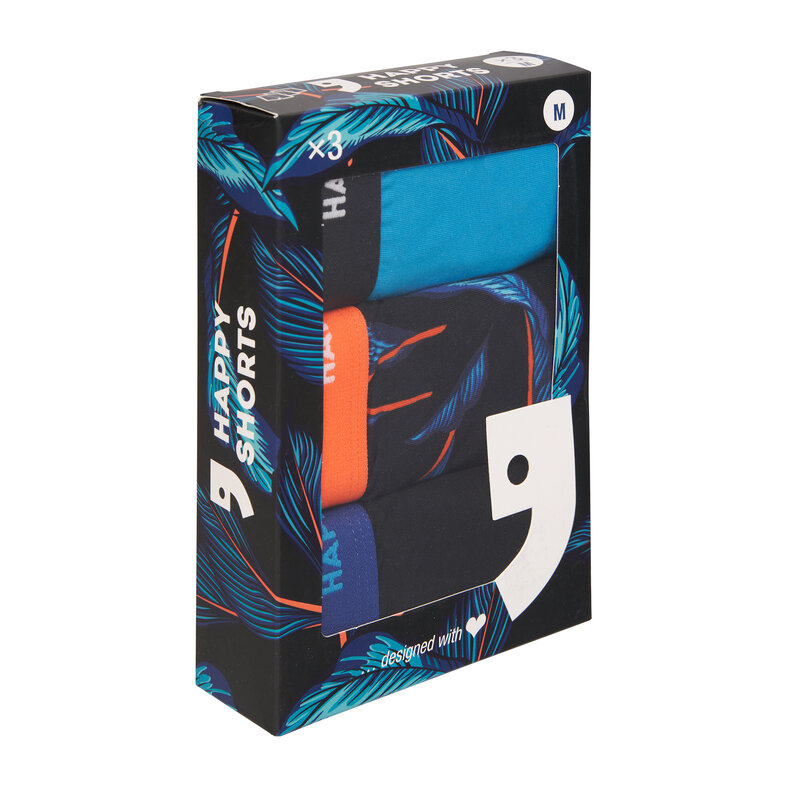 Happy Shorts Happy Shorts Men's Boxer Shorts Trunks Leaves Blue/Black 3-Pack