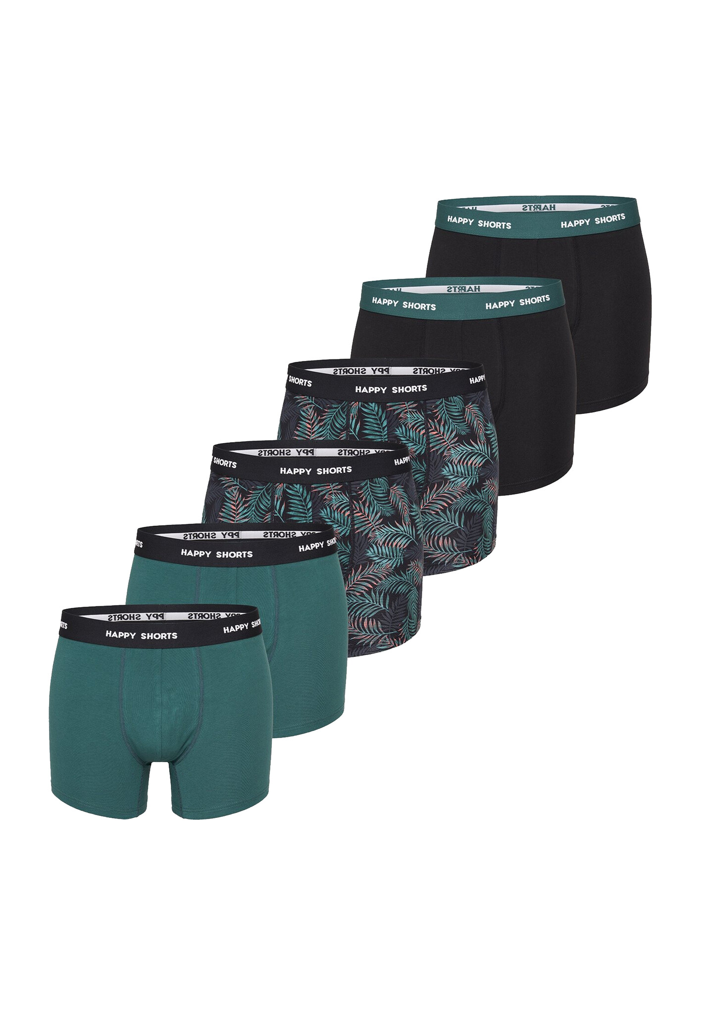 Happy Shorts Happy Shorts Heren Boxershorts Trunks Bladeren Groen Zwart 6 Pack