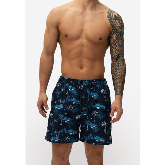 Happy Shorts Happy Shorts Men's Swim Short Tropical Island Print Dark Blue