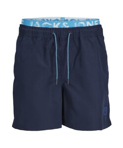 Jack & Jones Men's Swim Shorts JPSTFIJI Double Waistband Plain Dark Blue/Neon Blue
