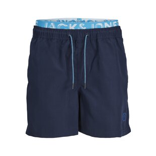 Jack & Jones Men's Swim Shorts JPSTFIJI Double Waistband Plain Dark Blue/Neon Blue