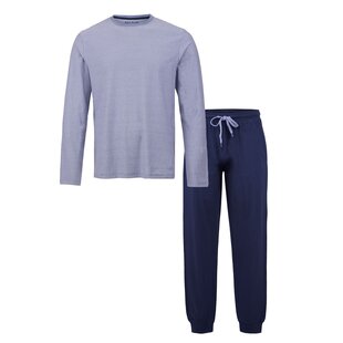 Phil & Co Lange Heren Winter Pyjama Set Katoen Dun Gestreept Grijs/Blauw