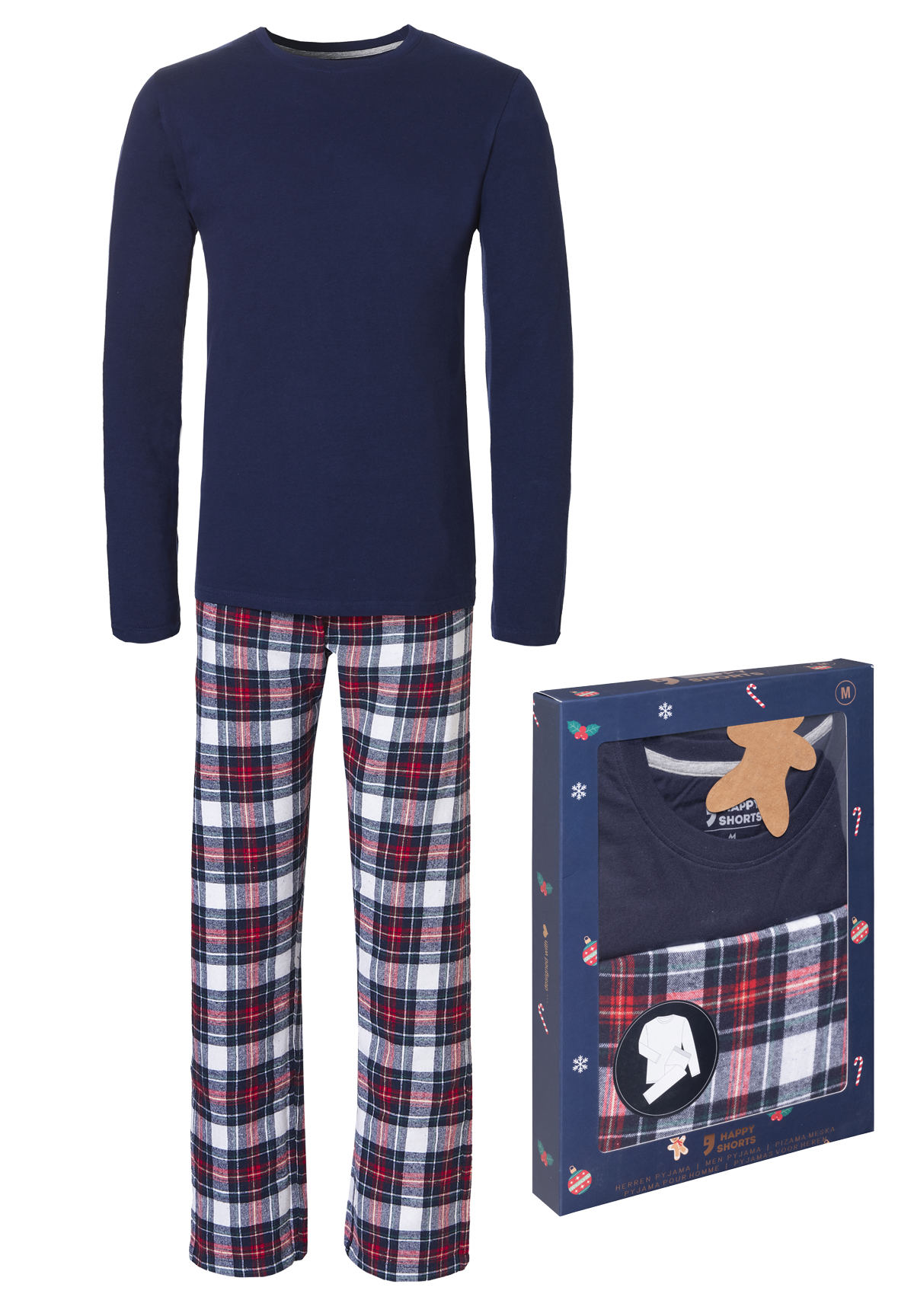 Happy Shorts Heren Kerst Flanel Pyjama Set Shirt Pyjamabroek Geruit Giftbox Underwear District