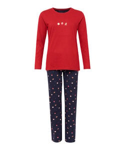 Happy Shorts Ladies Christmas Pajama Set Shirt Red + Dark Blue Pants With Gingerbread Print