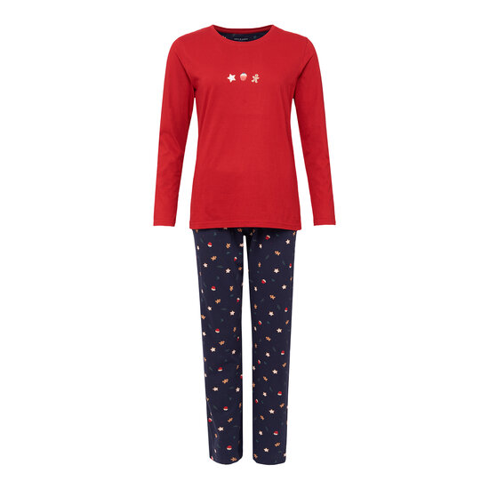 Happy Shorts Happy Shorts Dames Kerst Pyjama Set Shirt Rood + Donkerblauwe Broek Met Gingerbread Print