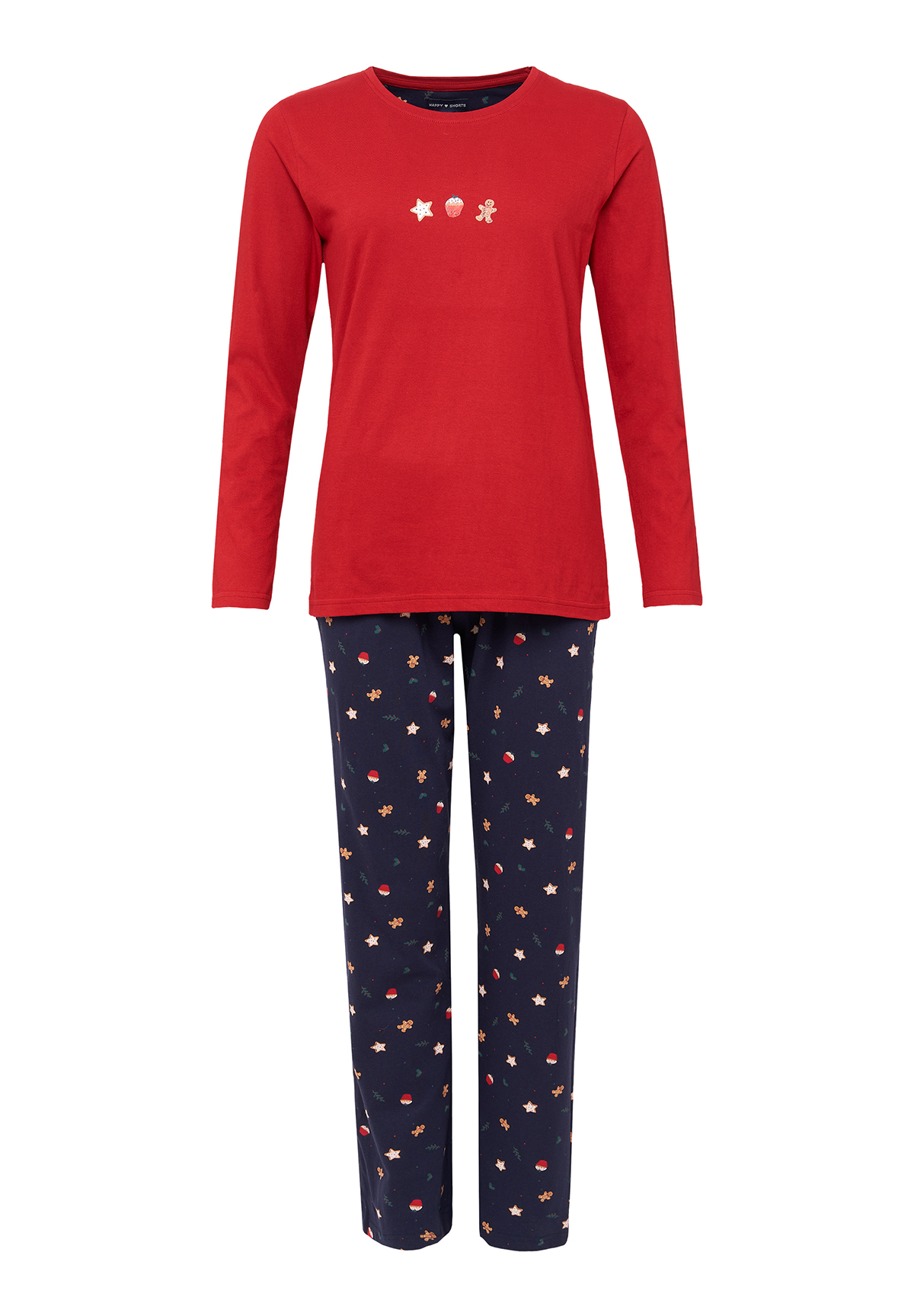 Happy Shorts Happy Shorts Dames Kerst Pyjama Set Shirt Rood Donkerblauwe Broek Met Gingerbread Print