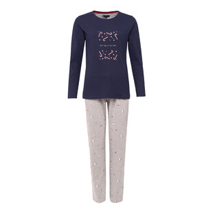 Happy Shorts Dames Kerst Pyjama Set Shirt Donkerblauw Met Zuurstokken + Grijze Broek Met Print