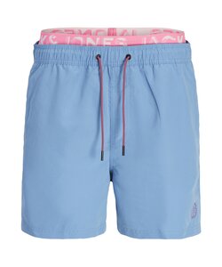 Jack & Jones Men's Swim Shorts JPSTFIJI Double Waistband Plain Light Blue/Neon Pink