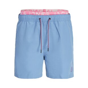 Jack & Jones Heren Zwemshorts JPSTFIJI Dubbele Waistband Effen Lichtblauw/Neon Roze