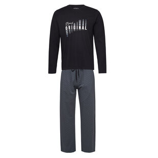 Phil & Co Lange Heren Winter Pyjama Set Katoen Brand Original Zwart/Grijs
