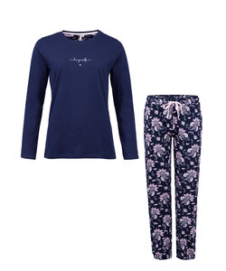 By Louise Ladies Pyjama Set Long Cotton Dark Blue