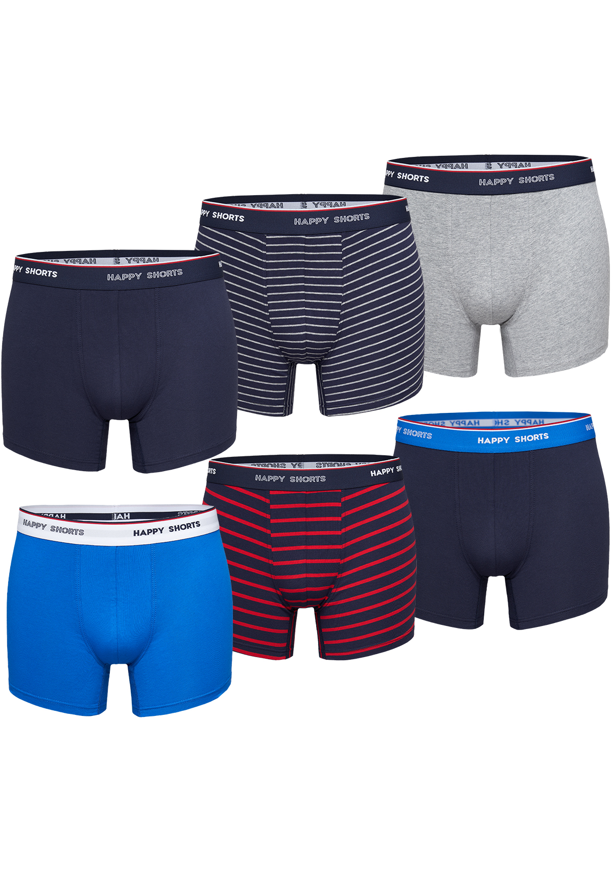 Happy Shorts Happy Shorts Boxershorts Heren Multipack 6 Pack Effen Gestreept Blauw