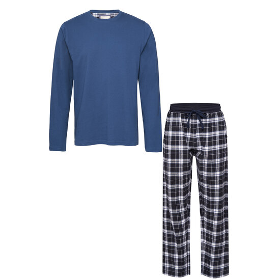Phil & Co Phil & Co Lange Heren Pyjama Set Met Flanellen Pyjamabroek Blauw