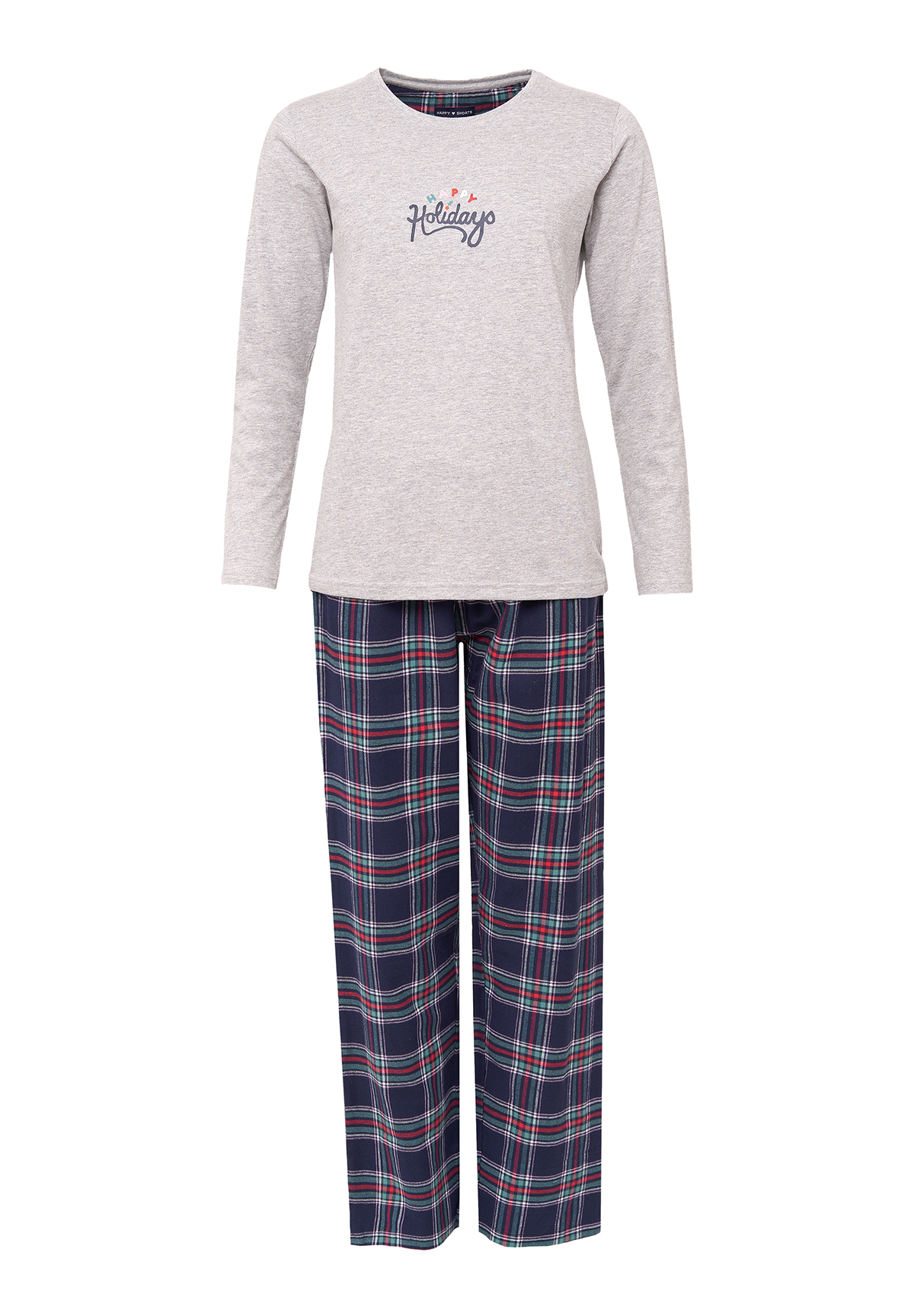Happy Shorts Dames Kerst Pyjama Set Shirt Grijs Broek Geruit