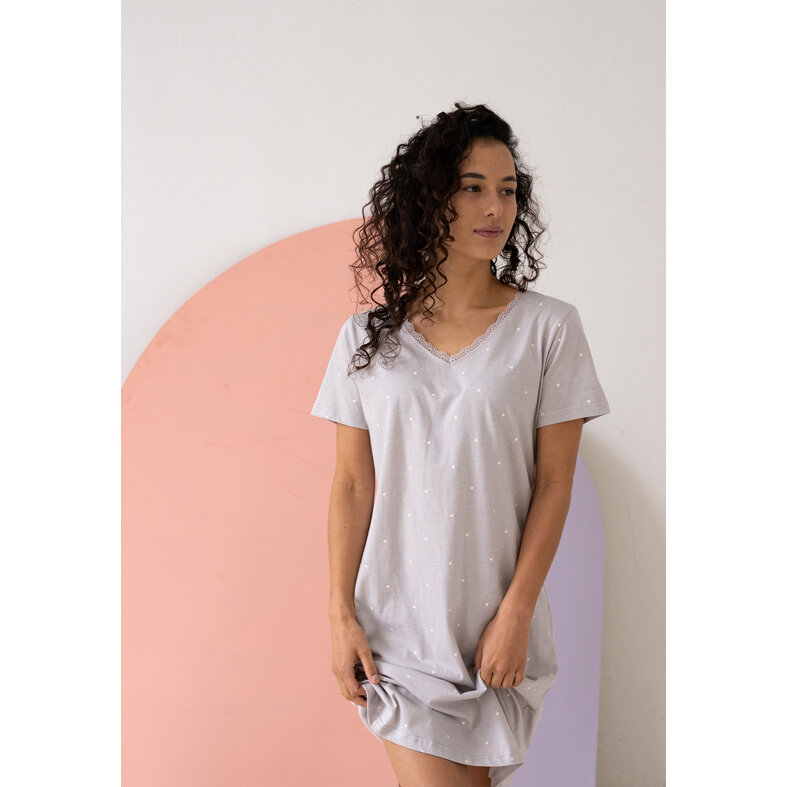 By Louise By Louise Dames Nachthemd Korte Mouw Grijs Gestipt