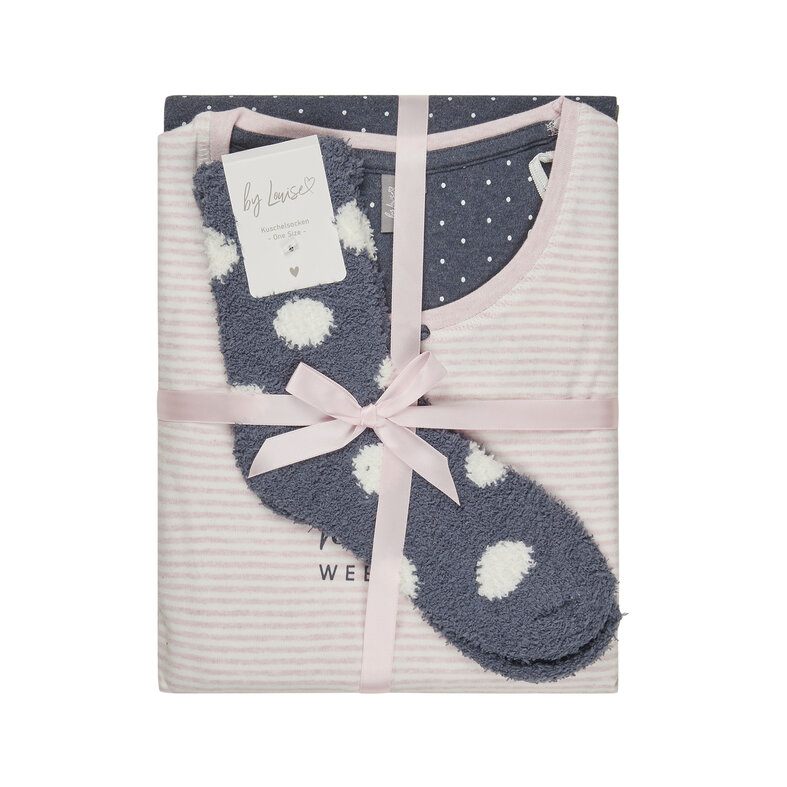 By Louise By Louise Ladies Winter Pajama Set Long Interlock Pink Striped