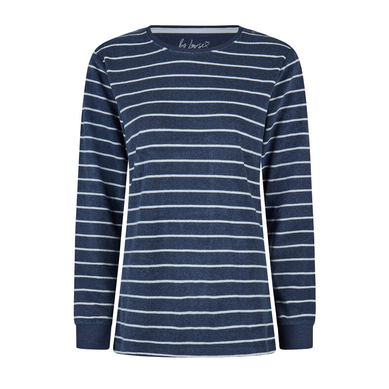 By Louise By Louise Dames Winter Pyjama Set Lang Badstof Gestreept Blauw