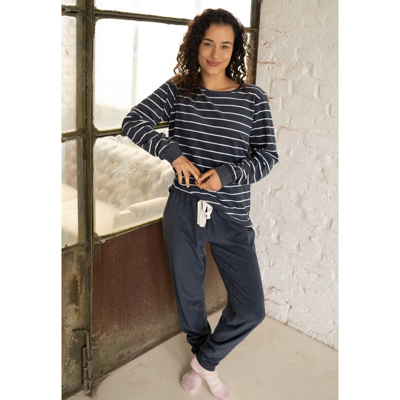 By Louise By Louise Dames Winter Pyjama Set Lang Badstof Gestreept Blauw