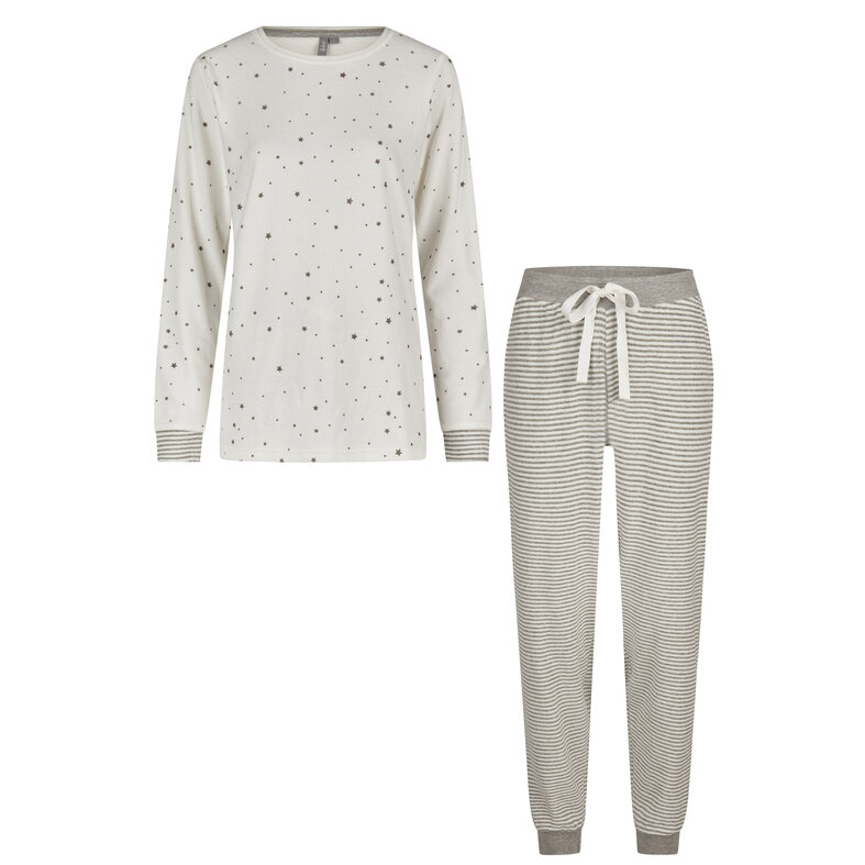 By Louise By Louise Dames Winter Pyjama Set Lang Badstof Sterren Wit