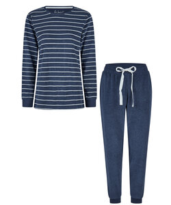 By Louise Dames Winter Pyjama Set Lang Badstof Gestreept Blauw
