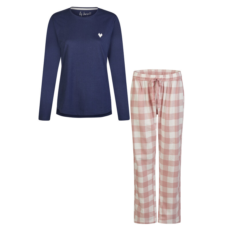 By Louise By Louise Dames Pyjama Set Lang Flanel Geruit Roze