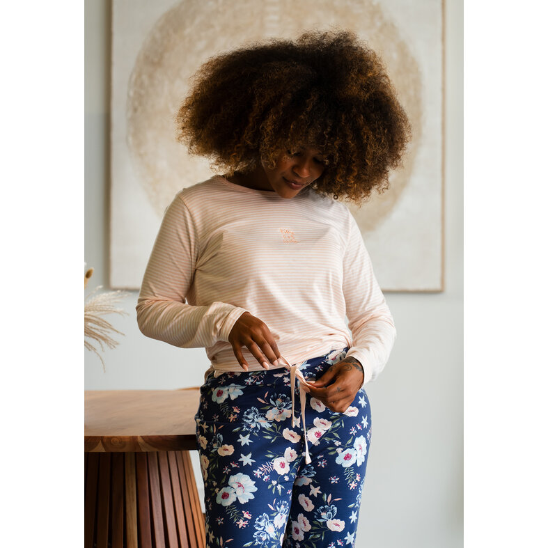 By Louise By Louise Dames Pyjama Set Jersey Katoen Gebloemd Oranje Blauw