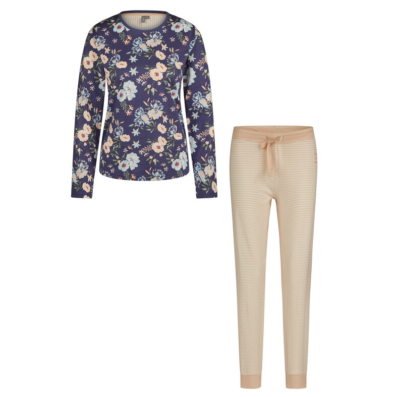 By Louise By Louise Dames Pyjama Set Jersey Katoen Gebloemd Blauw Oranje