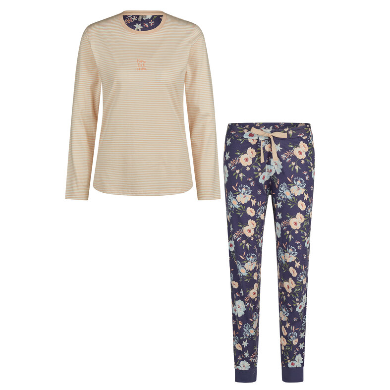 By Louise By Louise Dames Pyjama Set Jersey Katoen Gebloemd Oranje Blauw
