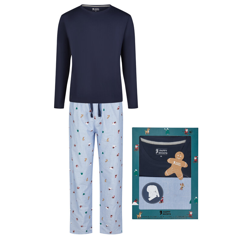 Happy Shorts Happy Shorts Men's Christmas Pajama Set Shirt + Pants Giftbox Skiing Santa Blue