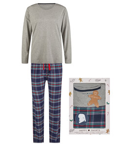 Happy Shorts Dames Kerst Pyjama Set Shirt + Broek Giftbox Flanel Geruit Grijs