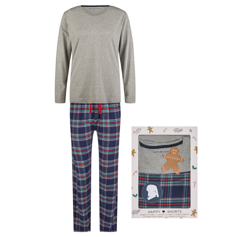 Happy Shorts Happy Shorts Ladies Christmas Pajama Set Shirt + Pants Giftbox Flannel Checkered Gray